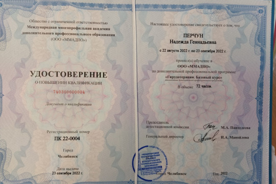 Удостоверение о повышении квалификации Перчун Надежды Геннадьевны